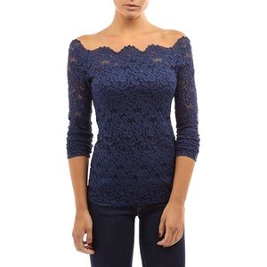 Navy lace top scalloped off the shoulder